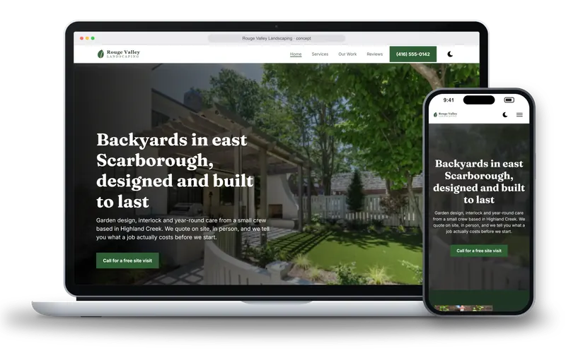 The Rouge Valley Landscaping home page: a backyard photo behind the headline Backyards in east Scarborough, designed and built to last